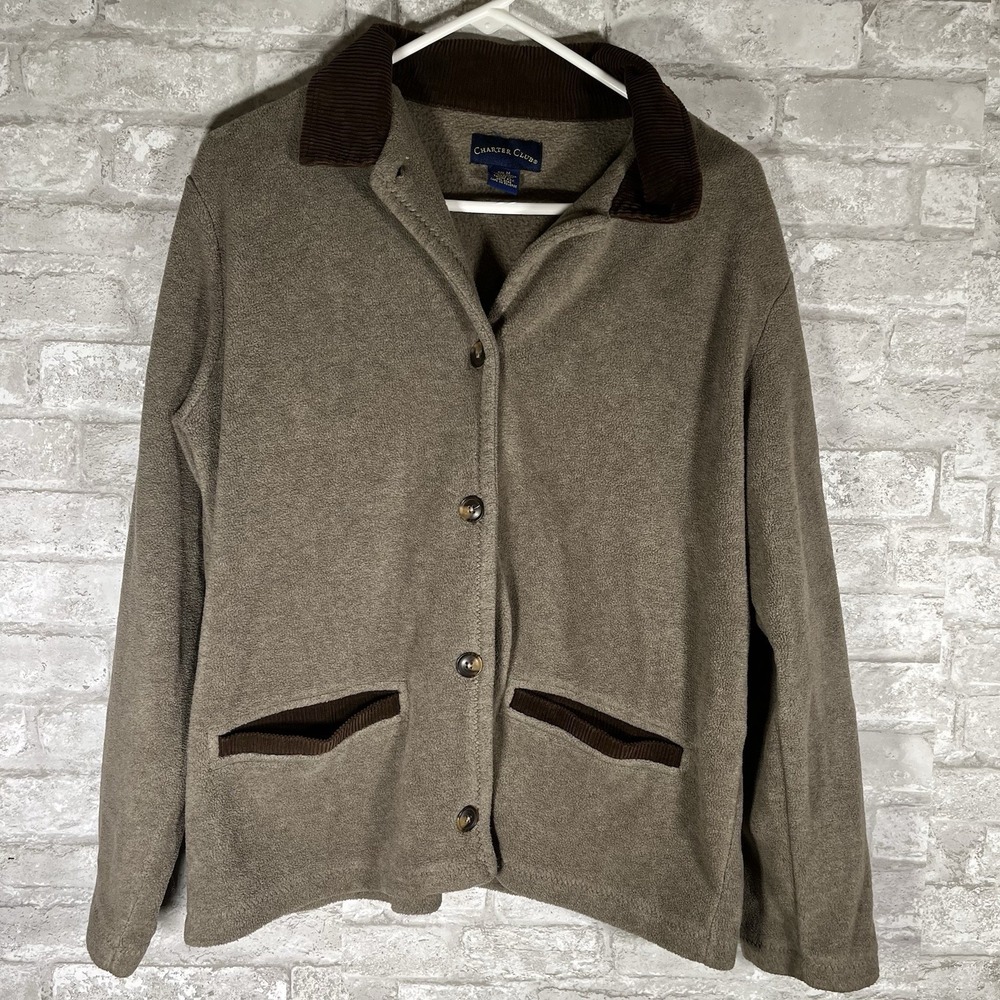 Women's Charter Club  Fleece Barn Jacket Brown Corduroy Trim Size Medium